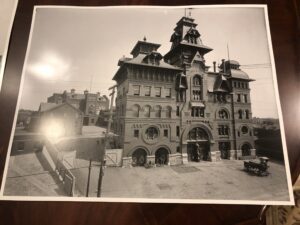 A black and white photo of an old building.
