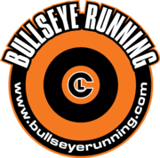 A bullseye running logo with the words bullseye running in front of it.