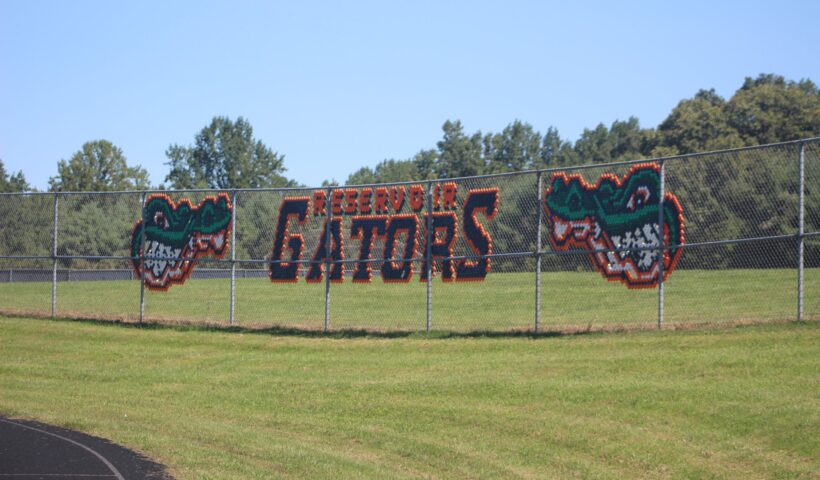 A field with a fence and some gators on it
