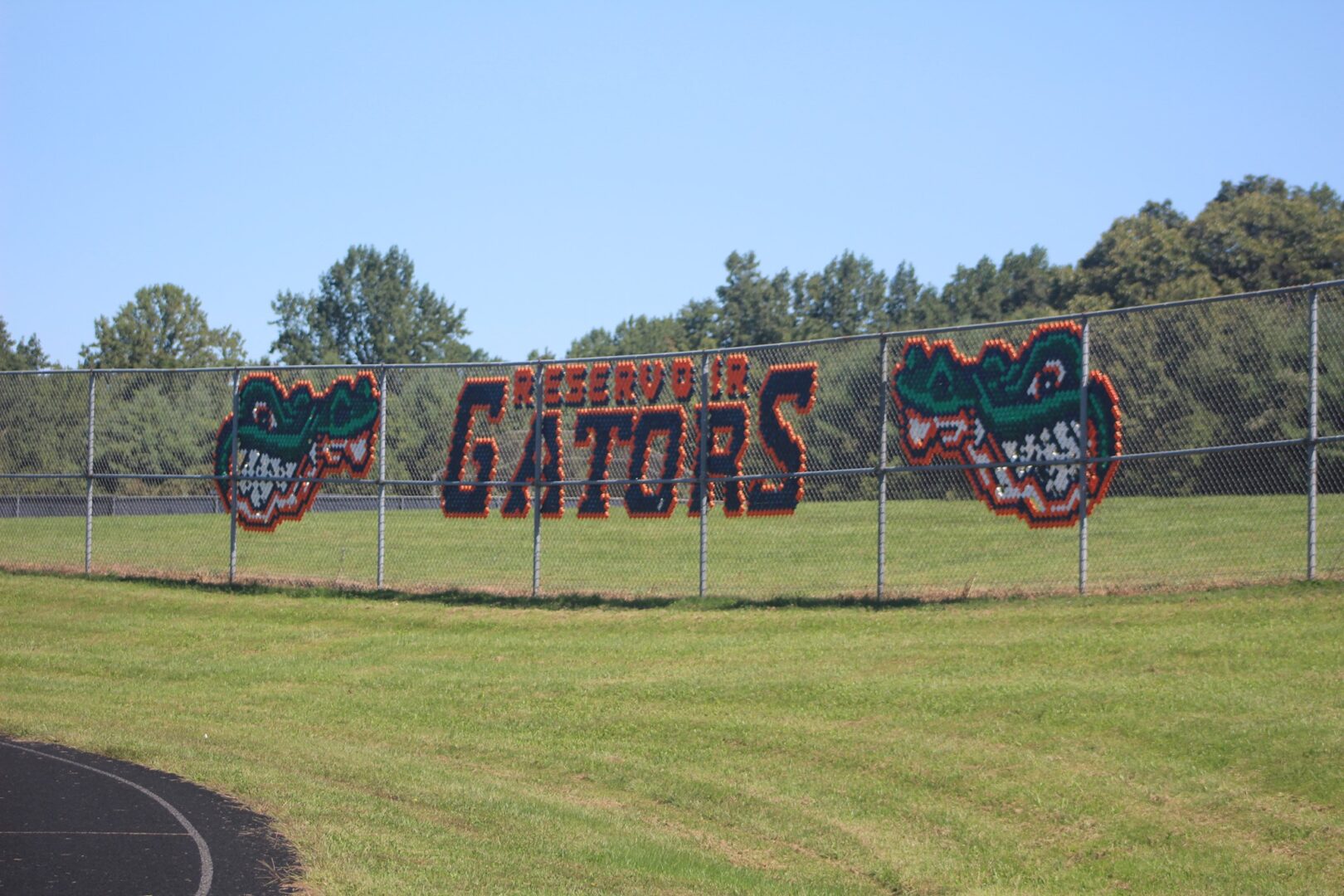 A field with a fence and some gators on it