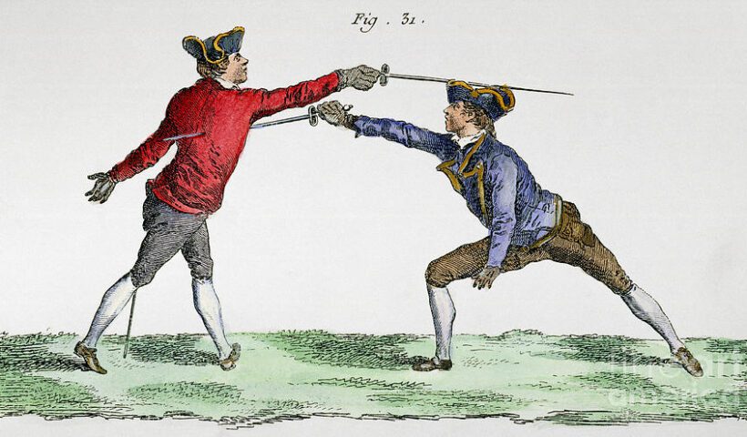 Two men are fighting with swords in a field.