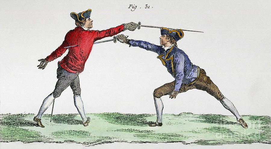 Two men are fighting with swords in a field.