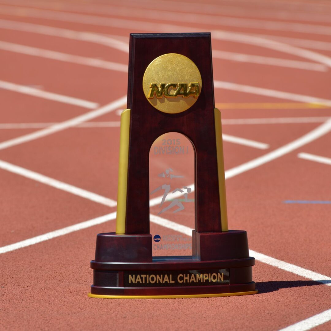 A trophy sitting on top of an athletic field.