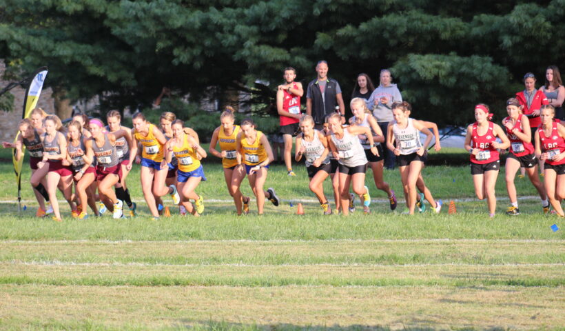 A group of people running in the grass.