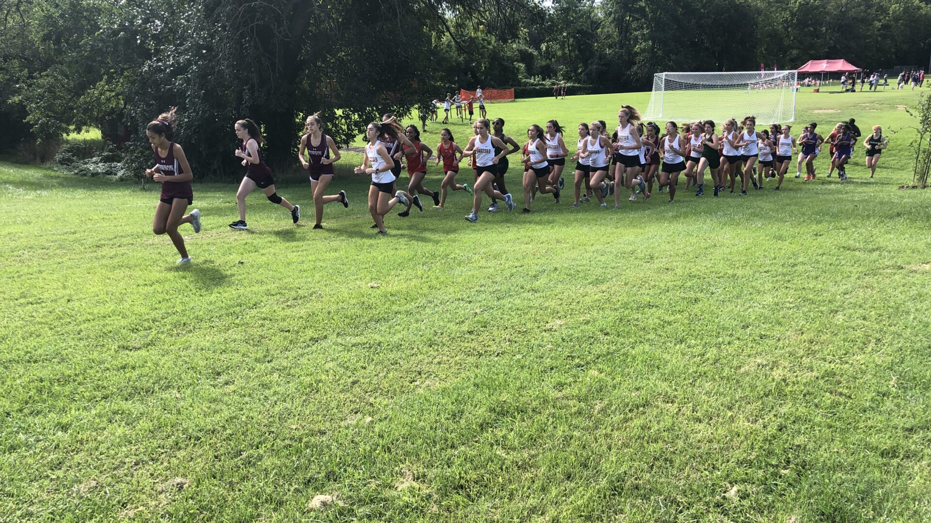 A group of people running on the grass.