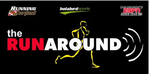 A man running in front of the word " run around ".