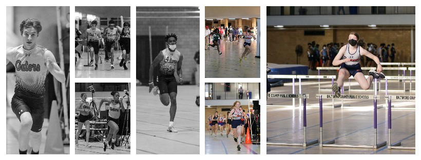 A collage of photos with people running in the background.