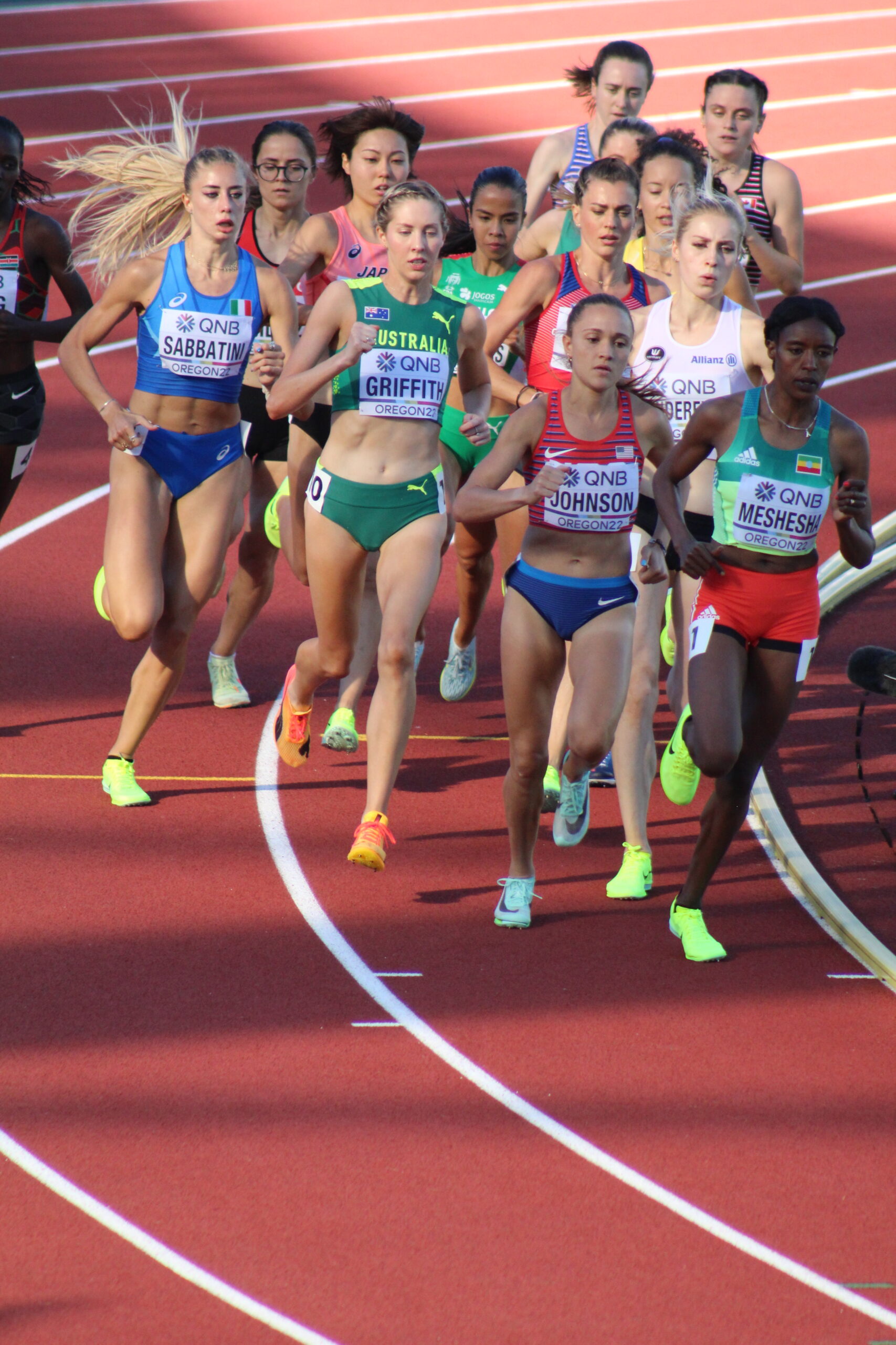 A group of women running on a track.