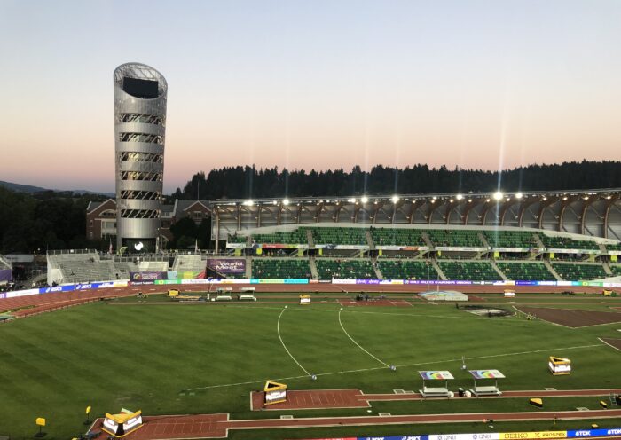 A stadium with many people on it