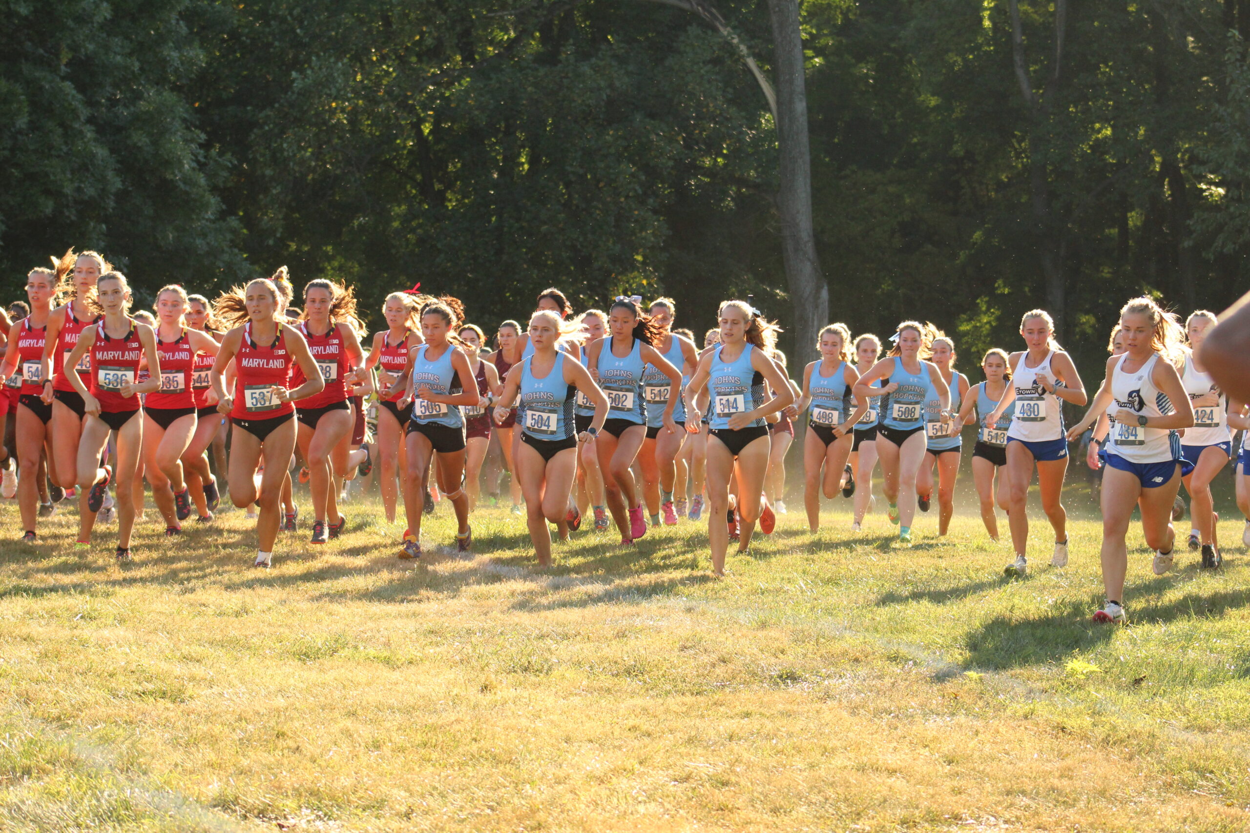 A group of women running in the grass.