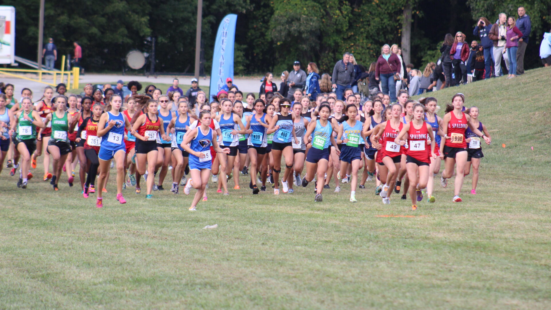 A group of people running on the grass.