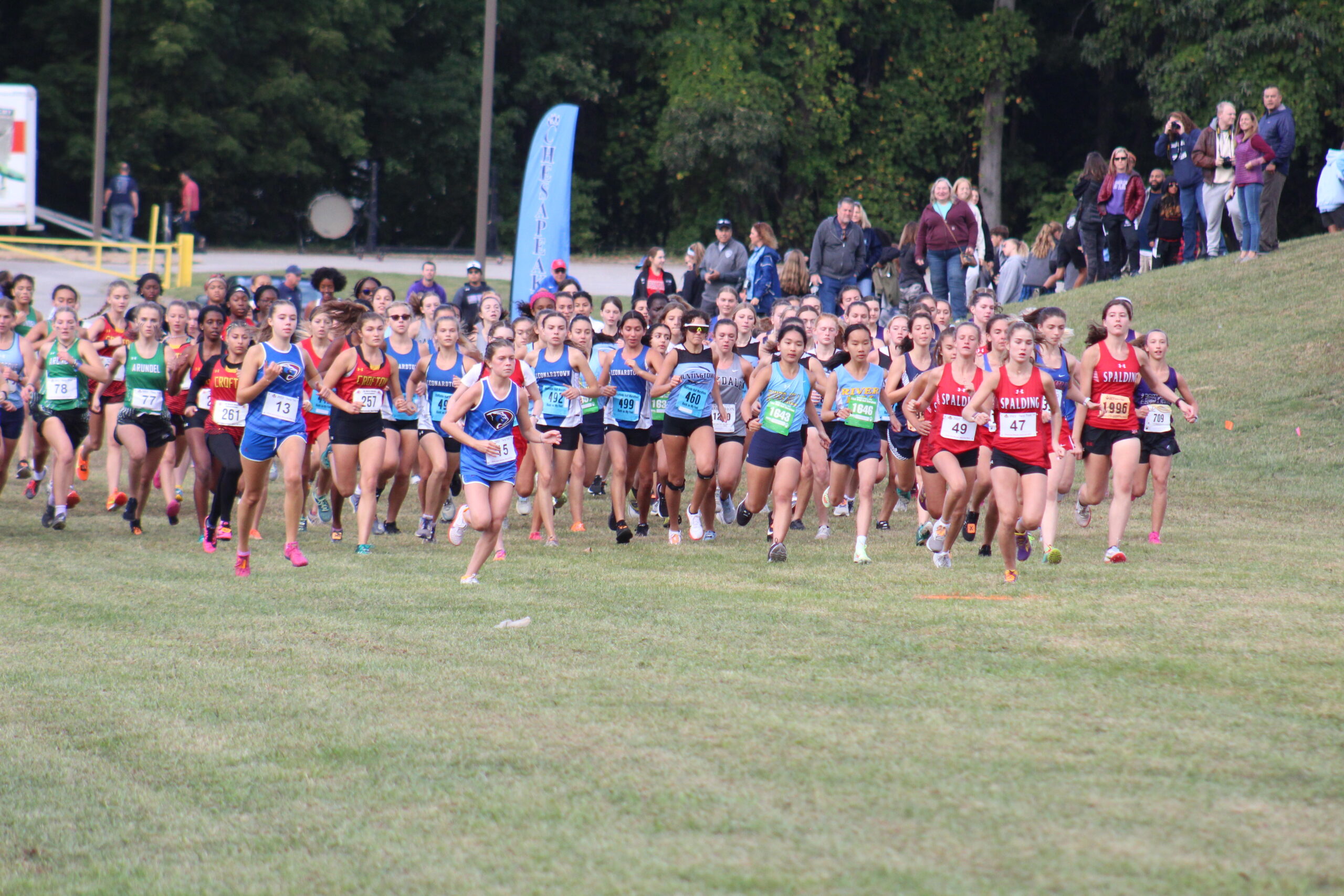 A group of people running on the grass.