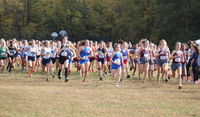 A group of people running in the grass.