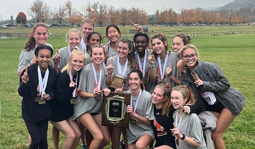 A group of girls standing in the grass holding medals.