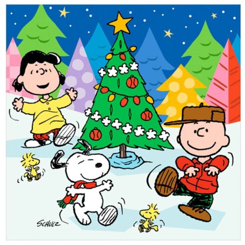 A group of peanuts characters standing around a christmas tree.